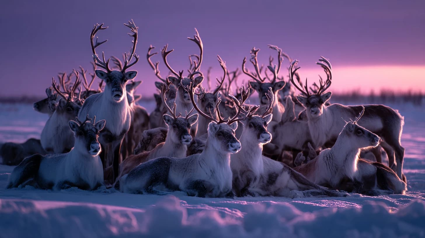 Reindeer herd resting at dusk on the Finnmark tundra