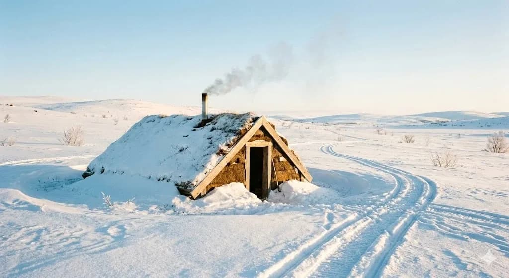 Traditional Sami turf hut (gamme) with smoke rising from chimney on the Finnmark tundra