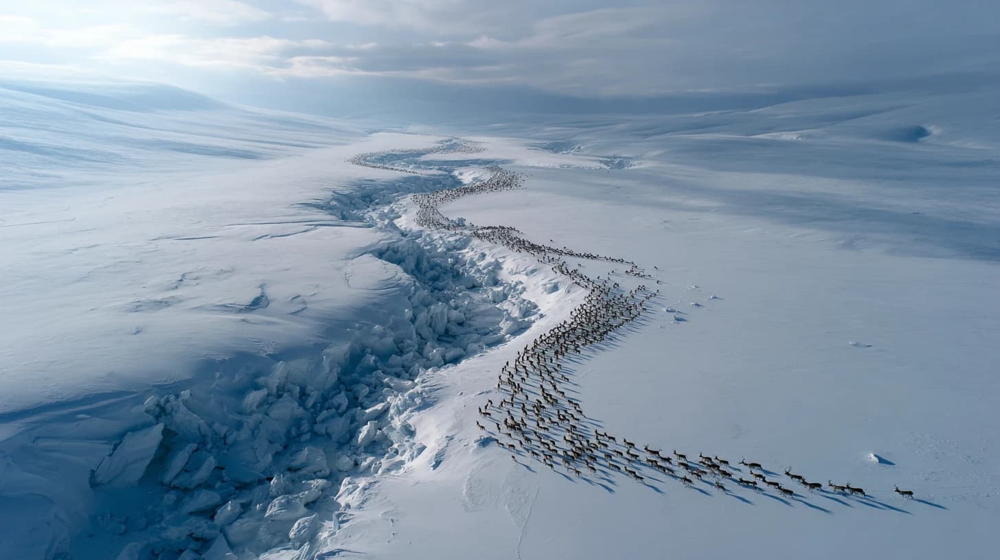 Aerial view of reindeer herd migrating across the Finnmark tundra