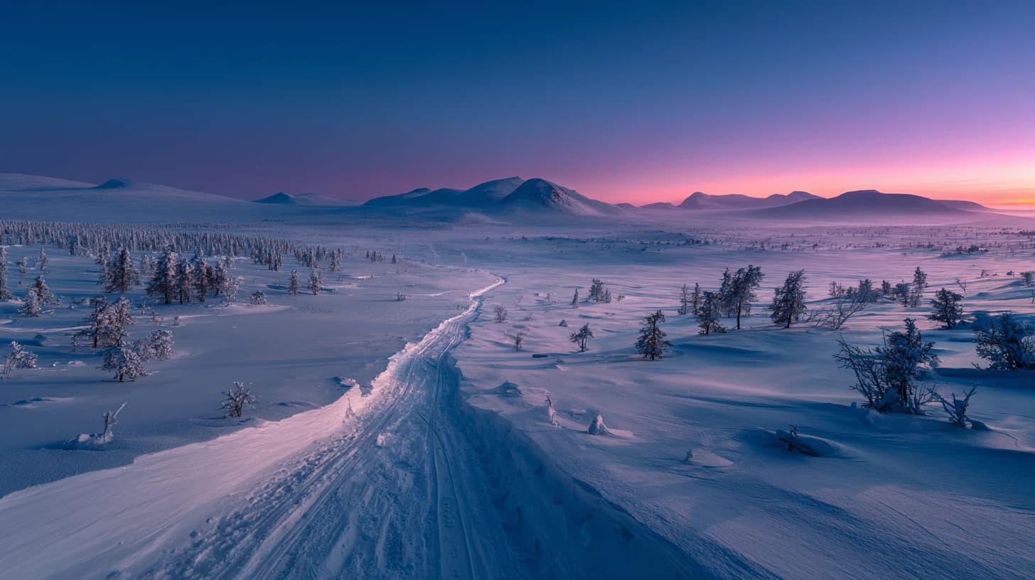 Finnmarksvidda tundra at blue hour with snowmobile tracks